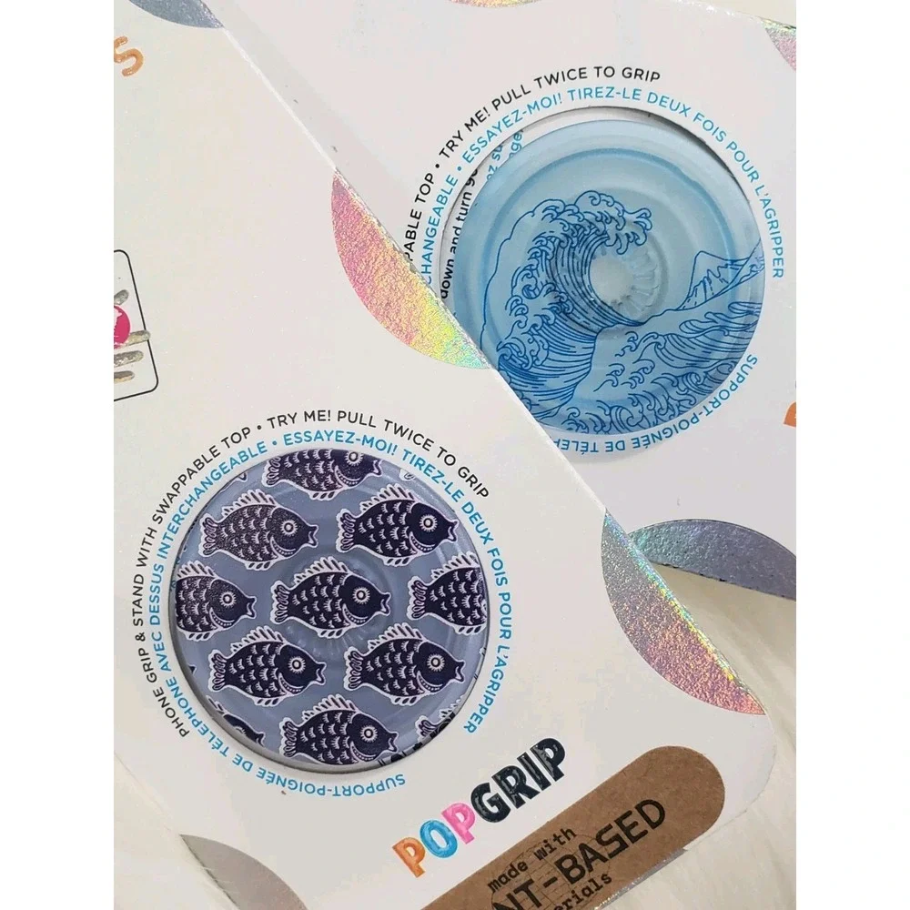 LOT 2 PopSockets Cell Phone‎ Grip FISH OCEAN WAVES blue nautical beach surfer